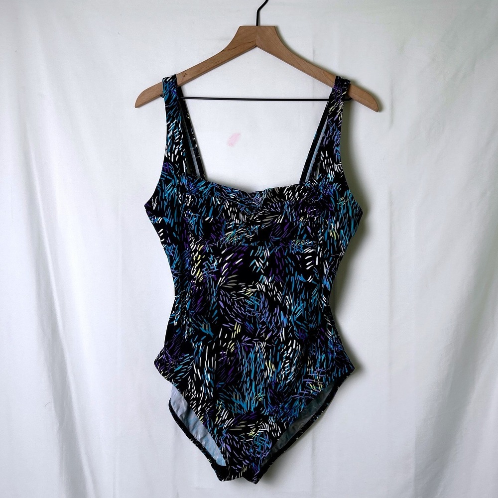 Calvin Klein Womens Abstract Print Ruched One Piece Swimsuit Size 14 Black Multi